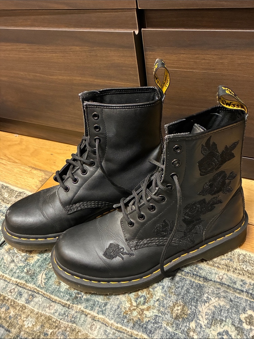 Dr Martens Black Floral Embroidered Lace-Up Combat Boots Goth Moto Punk